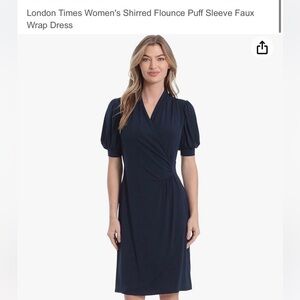London Times Navy Blue Shirred Flounce Dress
